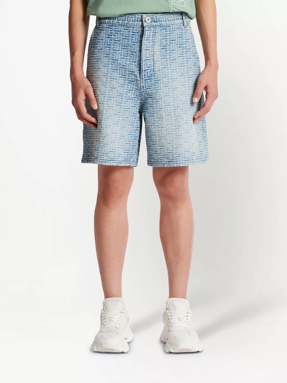 Affordable Balmain monogram print denim shorts Men 0114