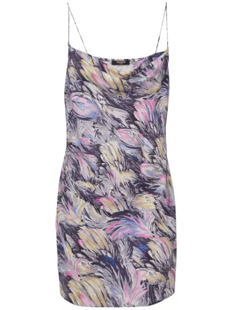 Balmain Feather-print satin slip dress Women 0113