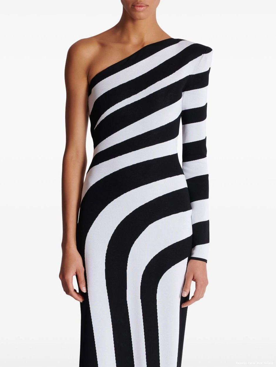 Cheap Balmain striped Women gown one-shoulder 0222