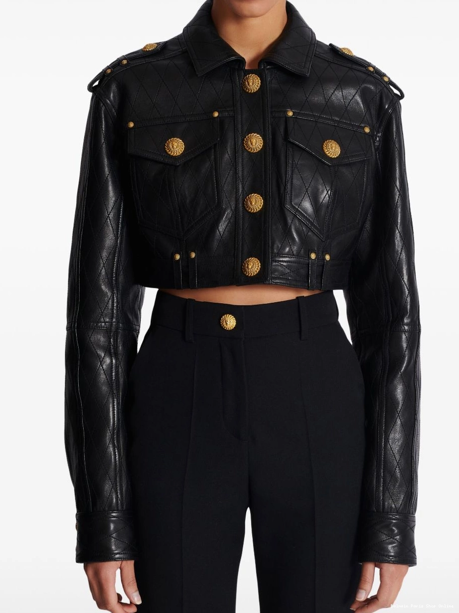 Affordable cropped Balmain leather jacket Women quilted 0224