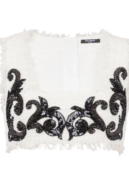 Cheap Baroque Balmain tweed crop top embroidered Women 0216