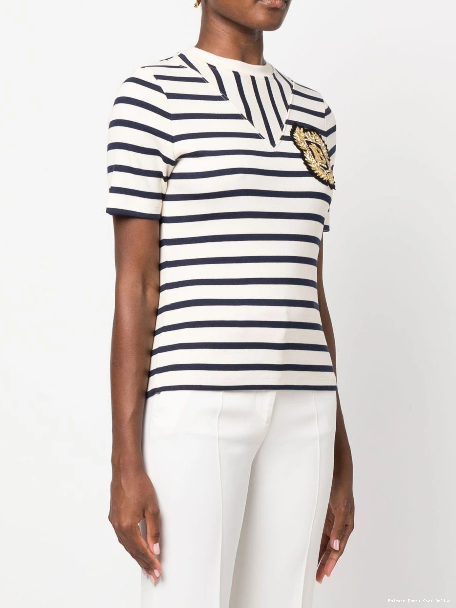 Cheap striped logo-patch T-shirt Balmain ribbed-knit Women 0224