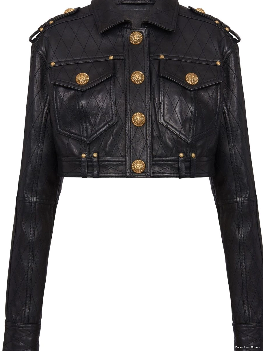 Affordable cropped Balmain leather jacket Women quilted 0224