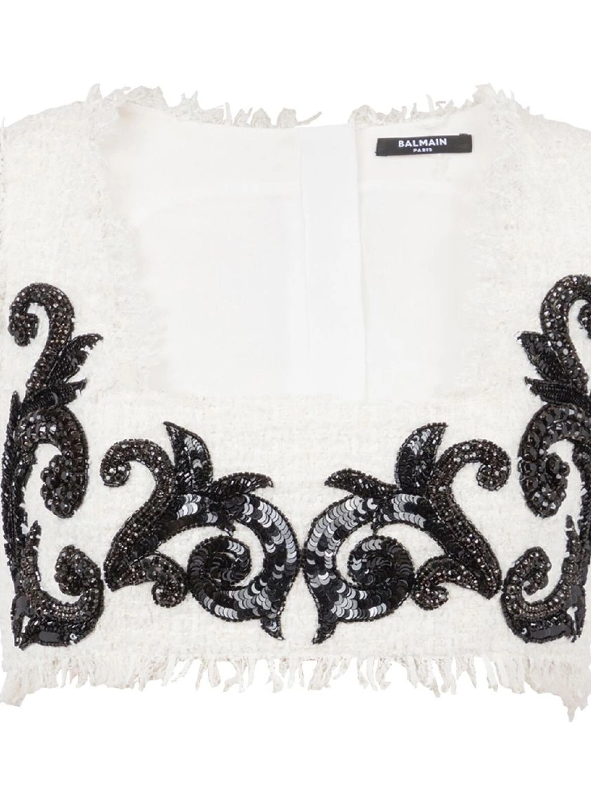 Cheap Baroque Balmain tweed crop top embroidered Women 0216